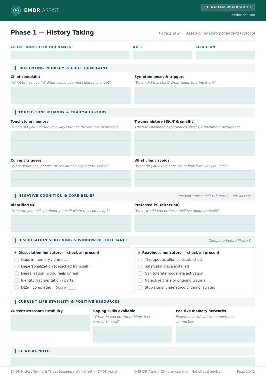 Emdr History Note Example EMDR Phase 1 History-Taking Worksheet — Free PDF